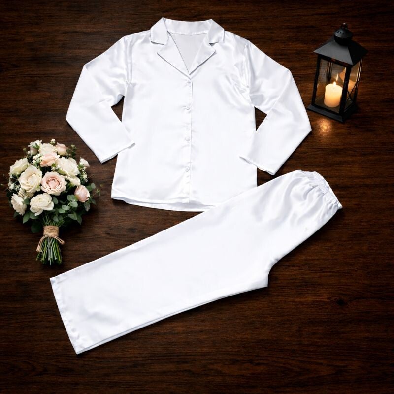 -Pearl White Satin Long Pyjamas
