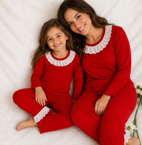 -Red Frill Cotton Pyjamas- LONG