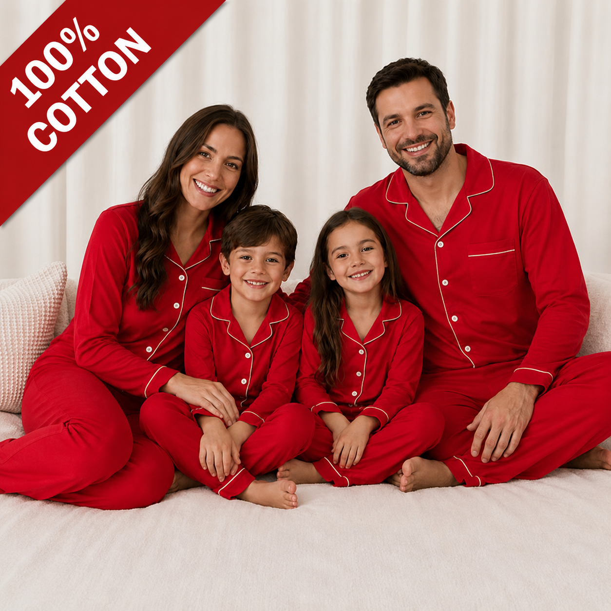 -Red Cotton Collar Pyjamas -LONG