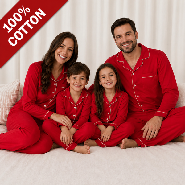 -Red Cotton Collar Pyjamas -LONG