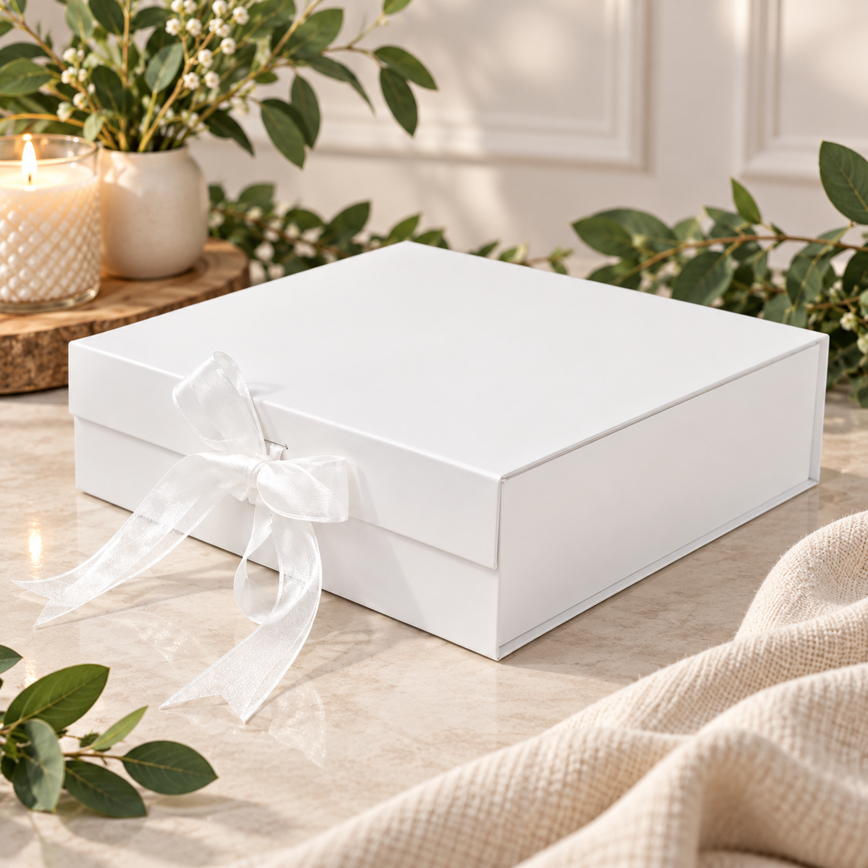 -XL Magnetic Close Gift Box with bow - White -37.5x 33x 9 cm
