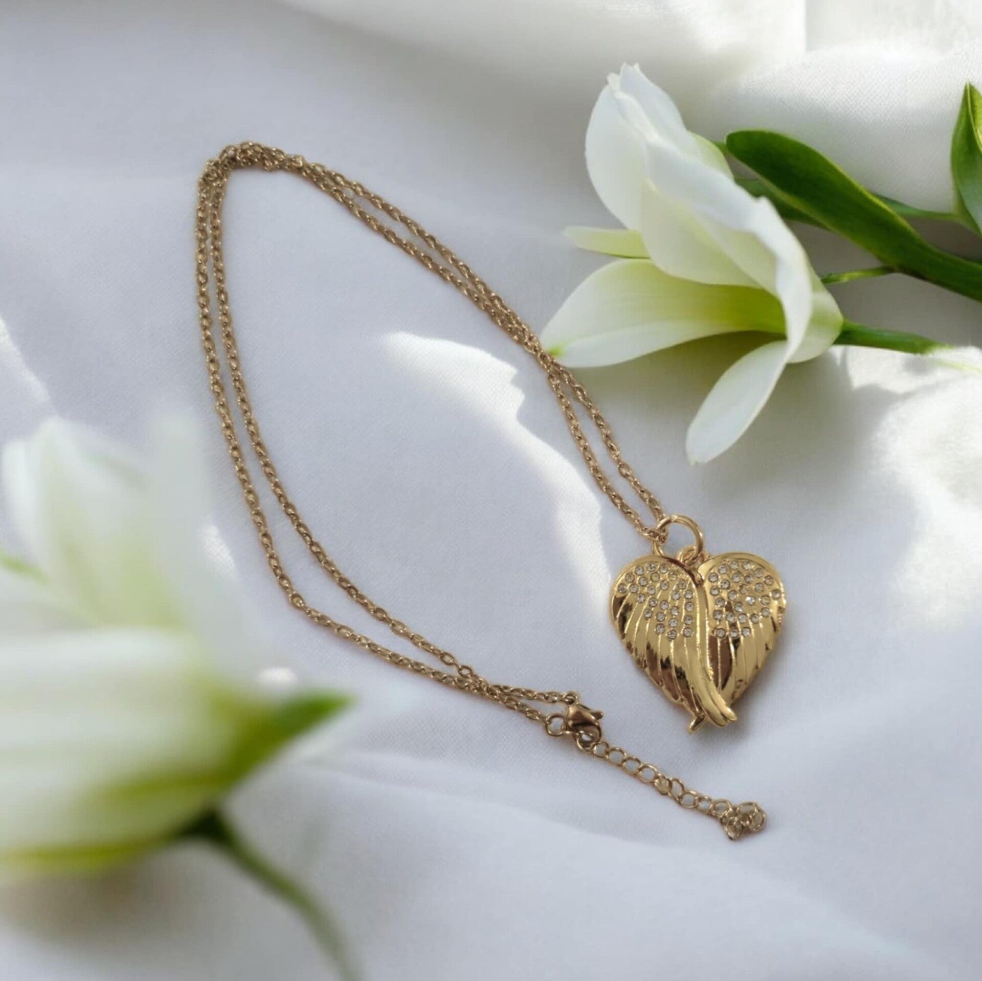 -Sublimation Diamante Angel Wings Locket - Gold