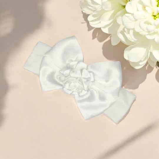 -Baby Girls Headband with Bow & Flower - White