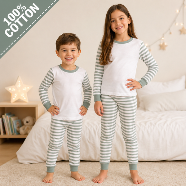 -Kids 100% Cotton Short Pyjamas-  Sage Green Stripes -IN STOCK 14TH JULY