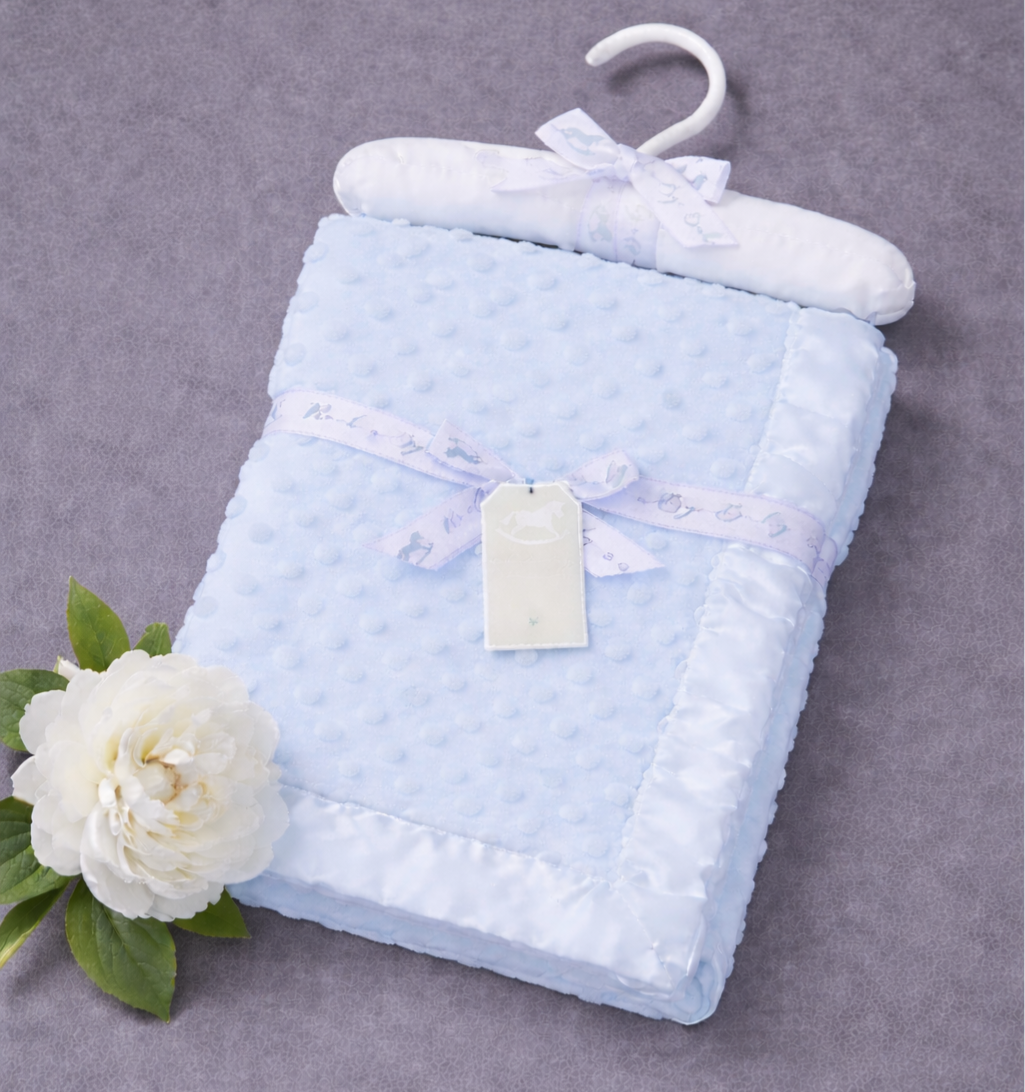 -Dimple Baby Blanket- With Satin Trim -on a satin padded hanger-Blue