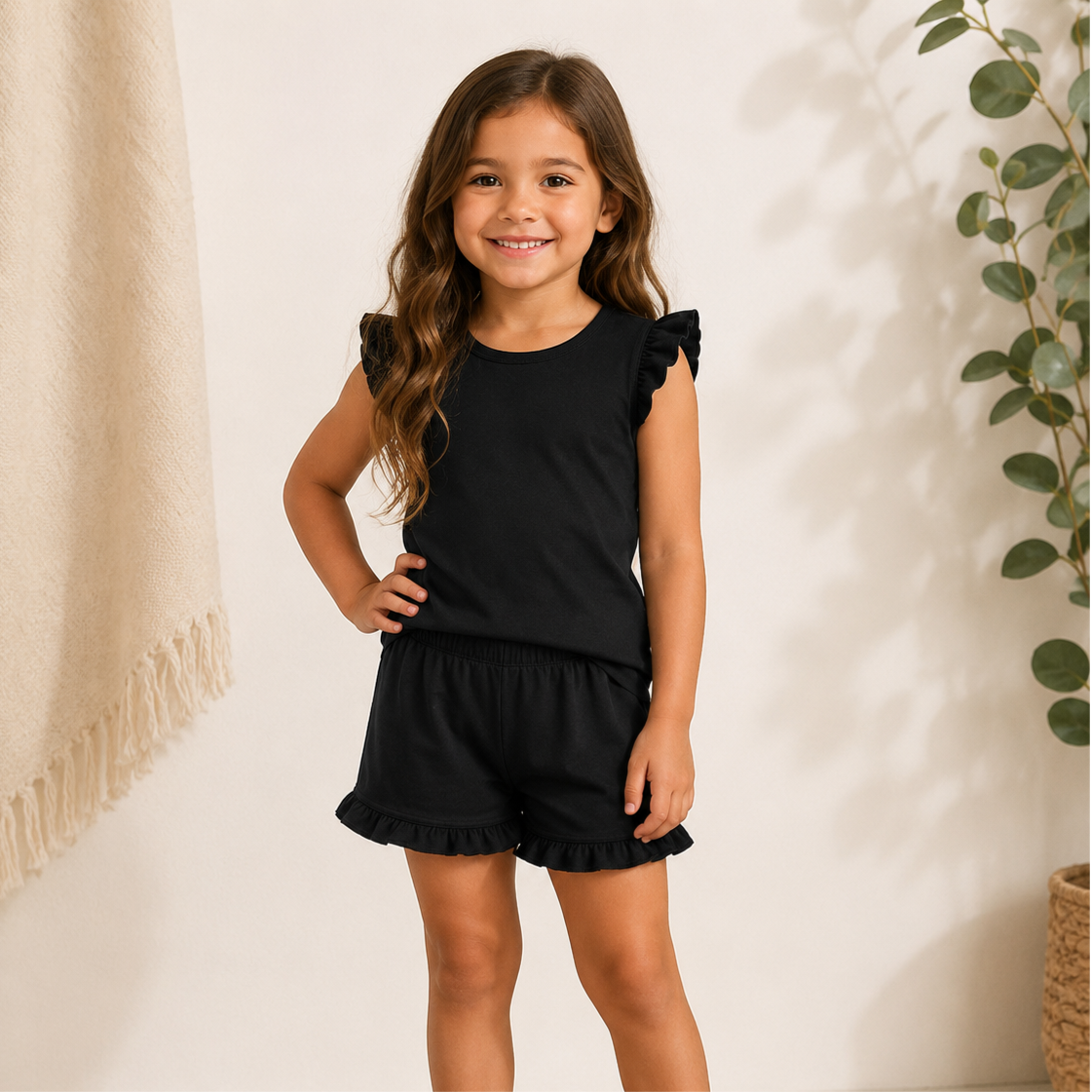 -Kids Black Frill Cotton SHORTS Set