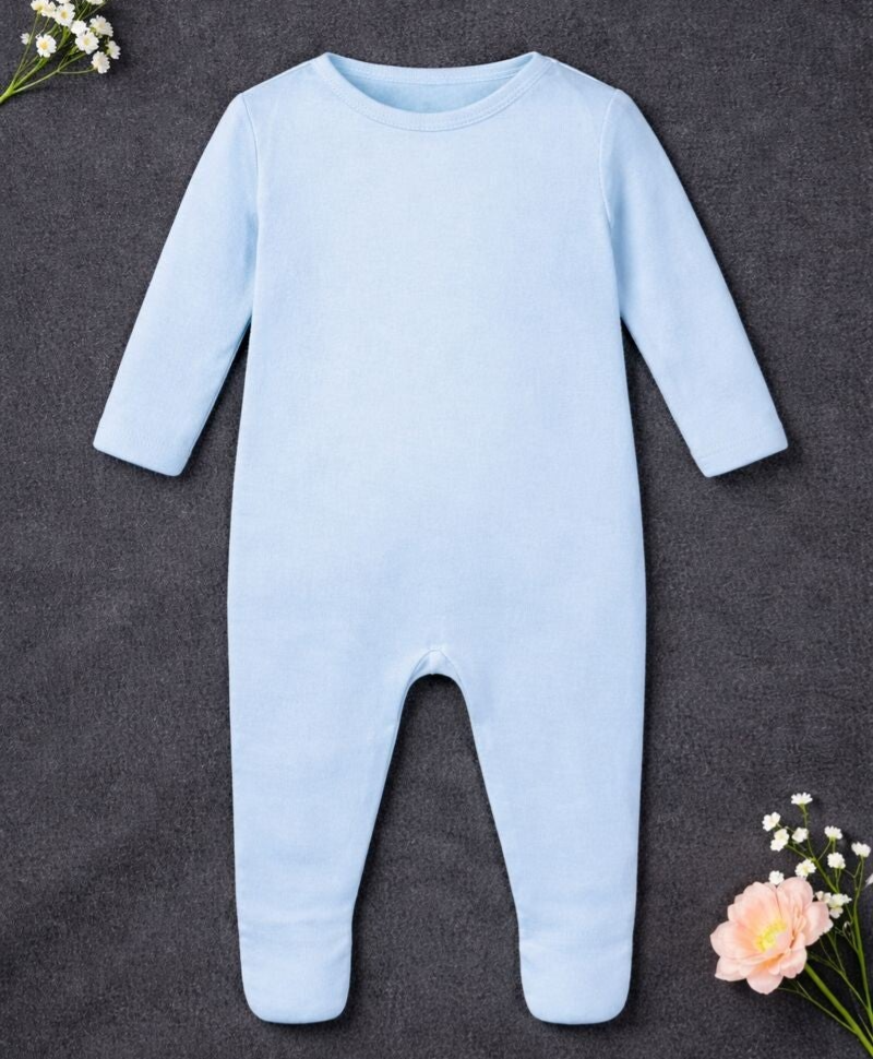 -Plain Chest Sleepsuit- Baby Blue Cotton