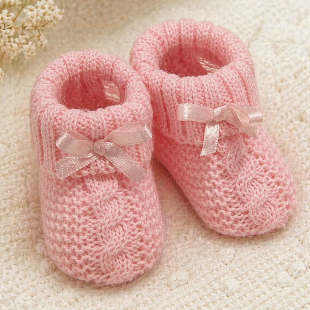 -Knitted Baby Bootees With Bow - Pink 0-3 Months