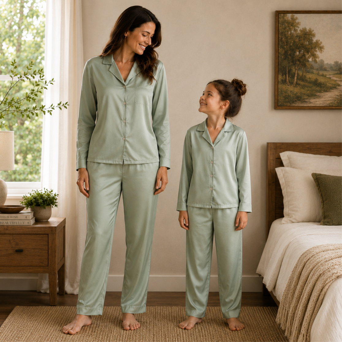 -Premium Sage Green Satin Long Pyjamas