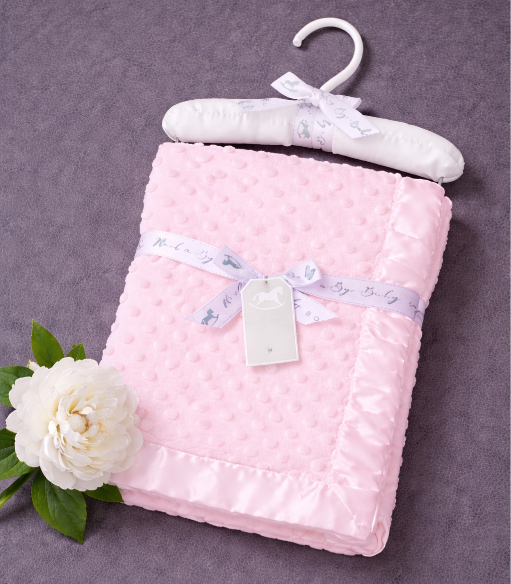 -Dimple Baby Blanket- With Satin Trim -on a satin padded hanger-Pink