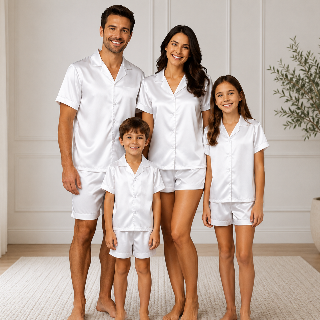 -Premium Satin Short Pyjamas- White with White Piping