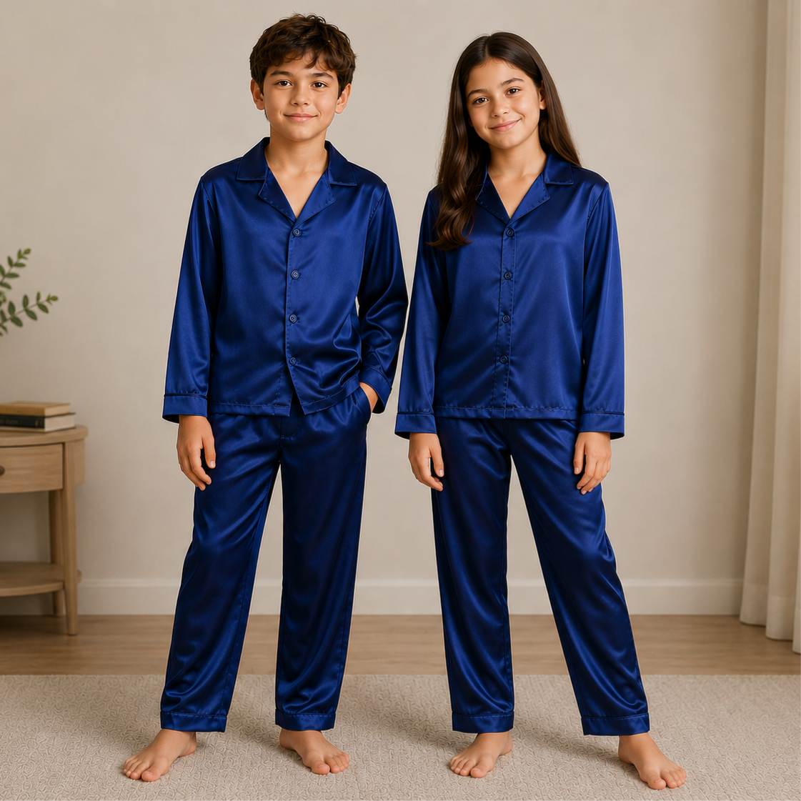 -Premium Navy Satin Long Pyjamas
