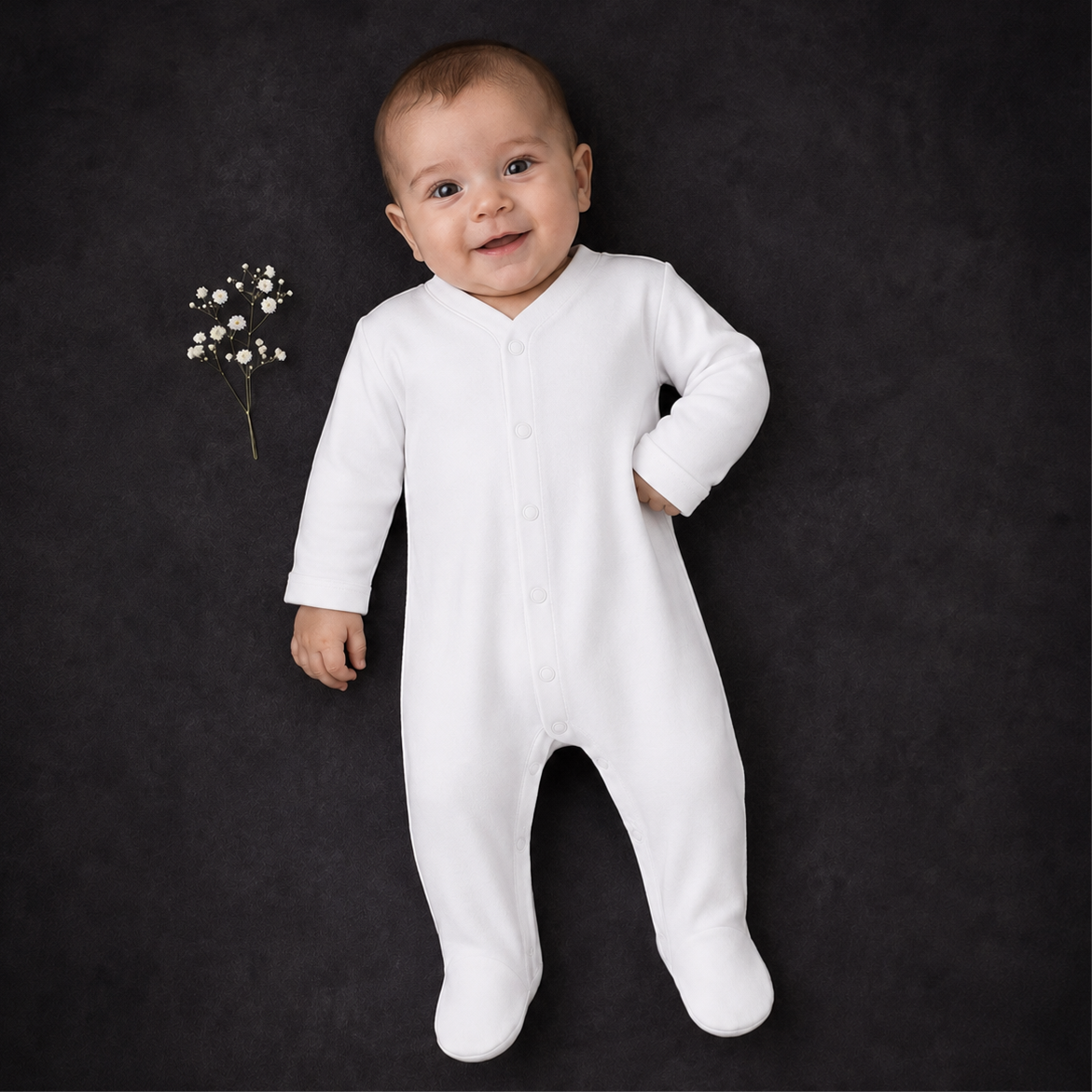 -Sleepsuit- White Cotton -Button Up