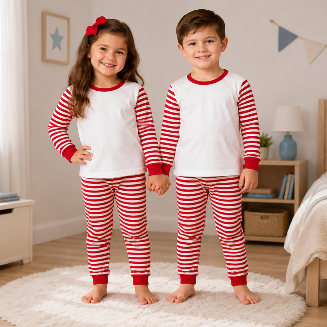 -Cotton Kids Red Stripes Pyjamas -LONG