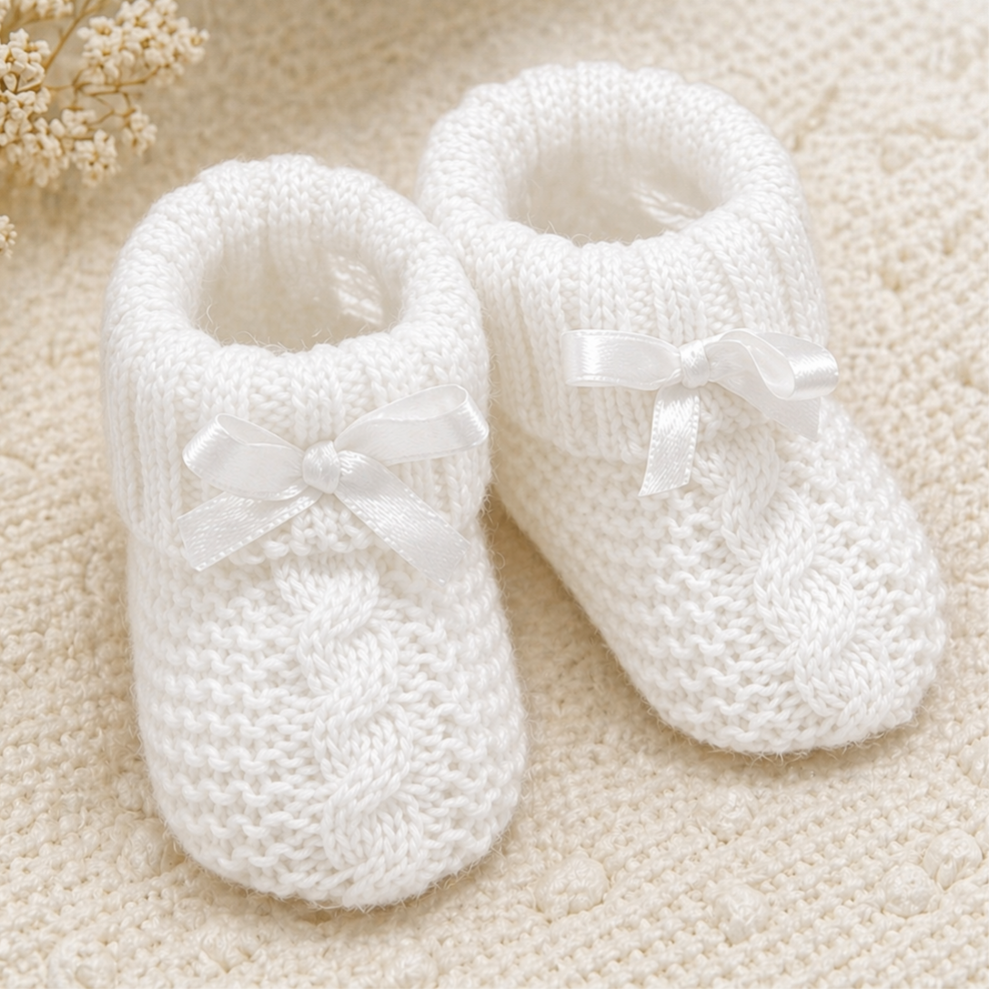 -Knitted Baby Bootees With Bow - White 0-3 Months