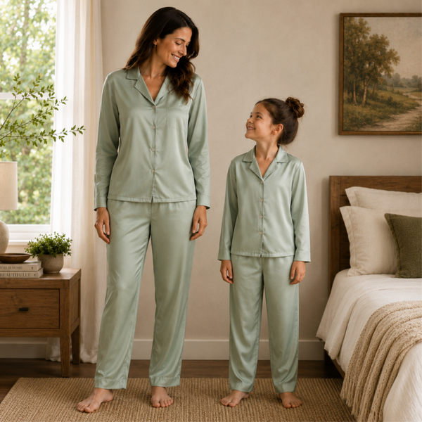 -Premium Sage Green Satin Long Pyjamas