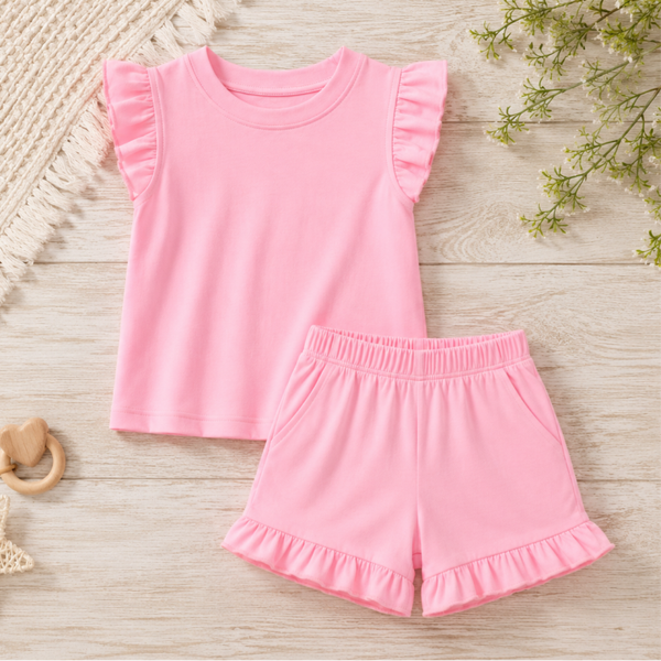 -Kids Pink Frill Cotton SHORTS Set