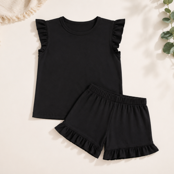 -Kids Black Fill Cotton SHORTS Set