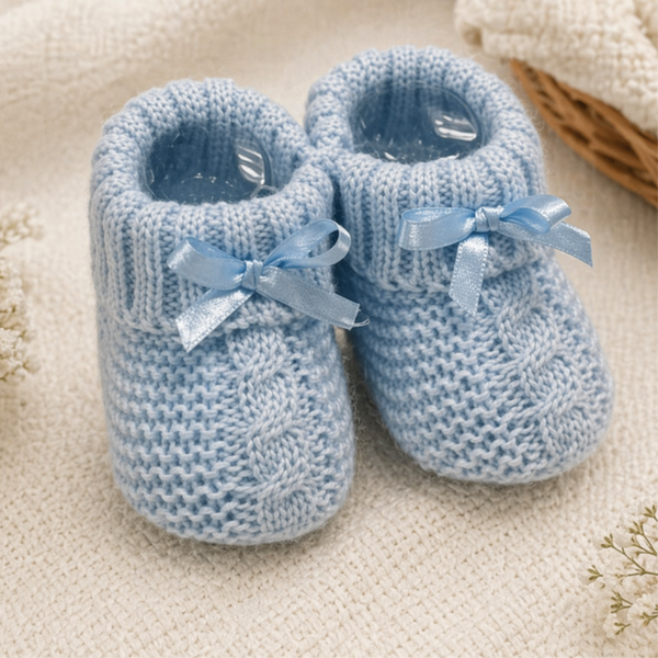 -Knitted Baby Bootees With Bow - Blue 0-3 Months