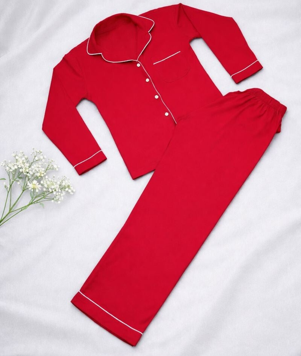 -Red Cotton Collar Pyjamas -LONG