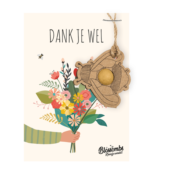 Kaart met hanger en bloembolletjes - dank je wel