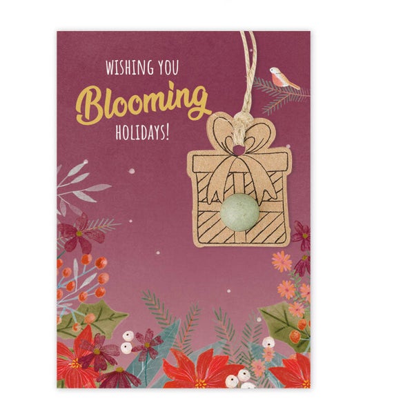 Kerstkaart met hanger en bloem "bommetje" - wishing you blooming Hollidays