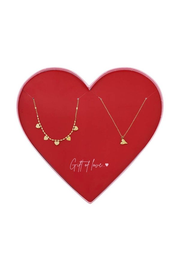 Giftset - 2 rvs kettingkjes - 1 met 5 hartjes, 1 met 1 hartje