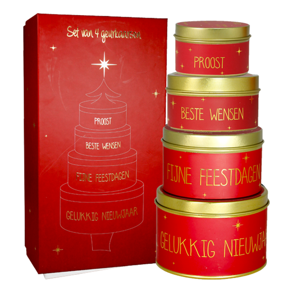 Kerst giftbox van 4 soja kaarsen in blik - rood