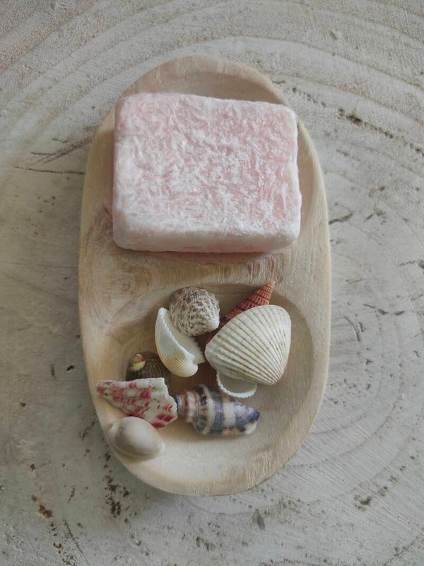 Set - schaaltje, amberblokje rose en schelpjes