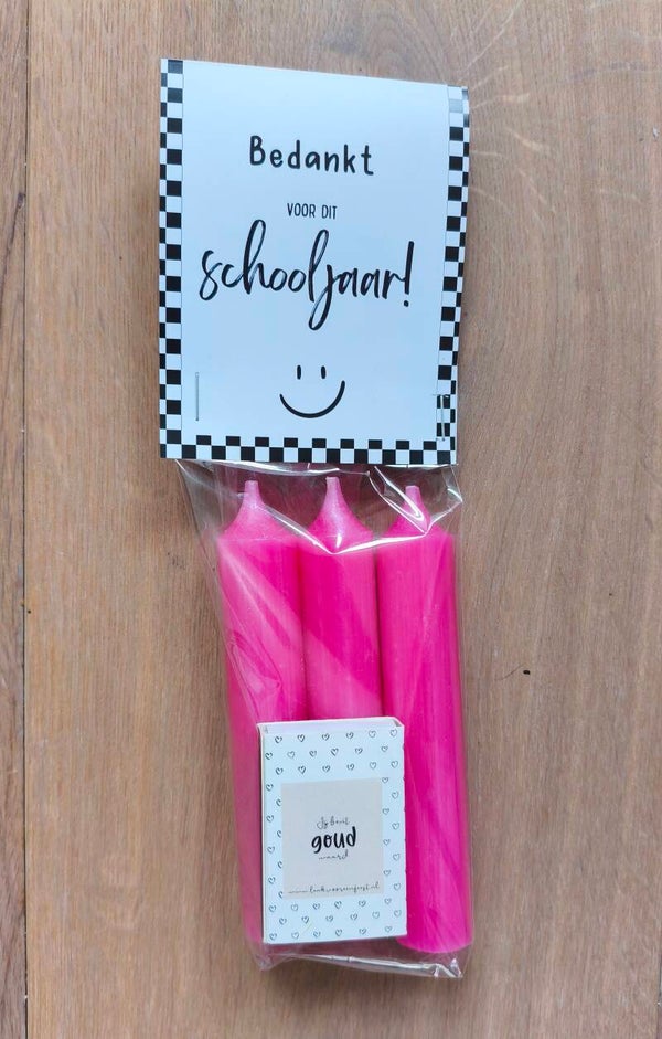 Pakketje, bedankt voor het schooljaar , 3 kaarsen, luciferdoosje  jij bent goud waard