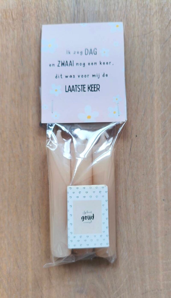 Pakketje, ik zeg dag , 3 kaarsen, luciferdoosje  jij bent goud waard