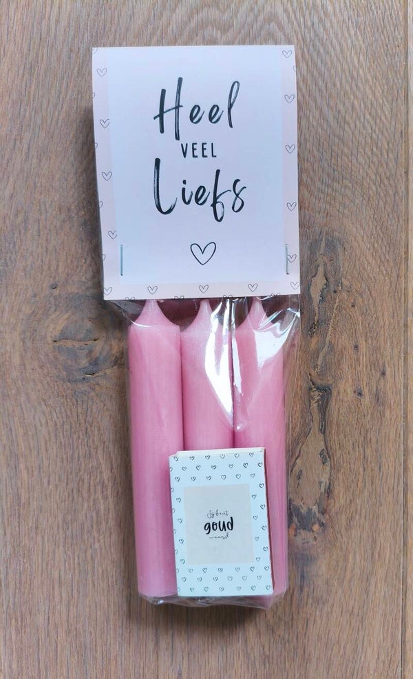 Pakketje,heel veel liefs , 3 kaarsen, luciferdoosje  jij bent goud waard