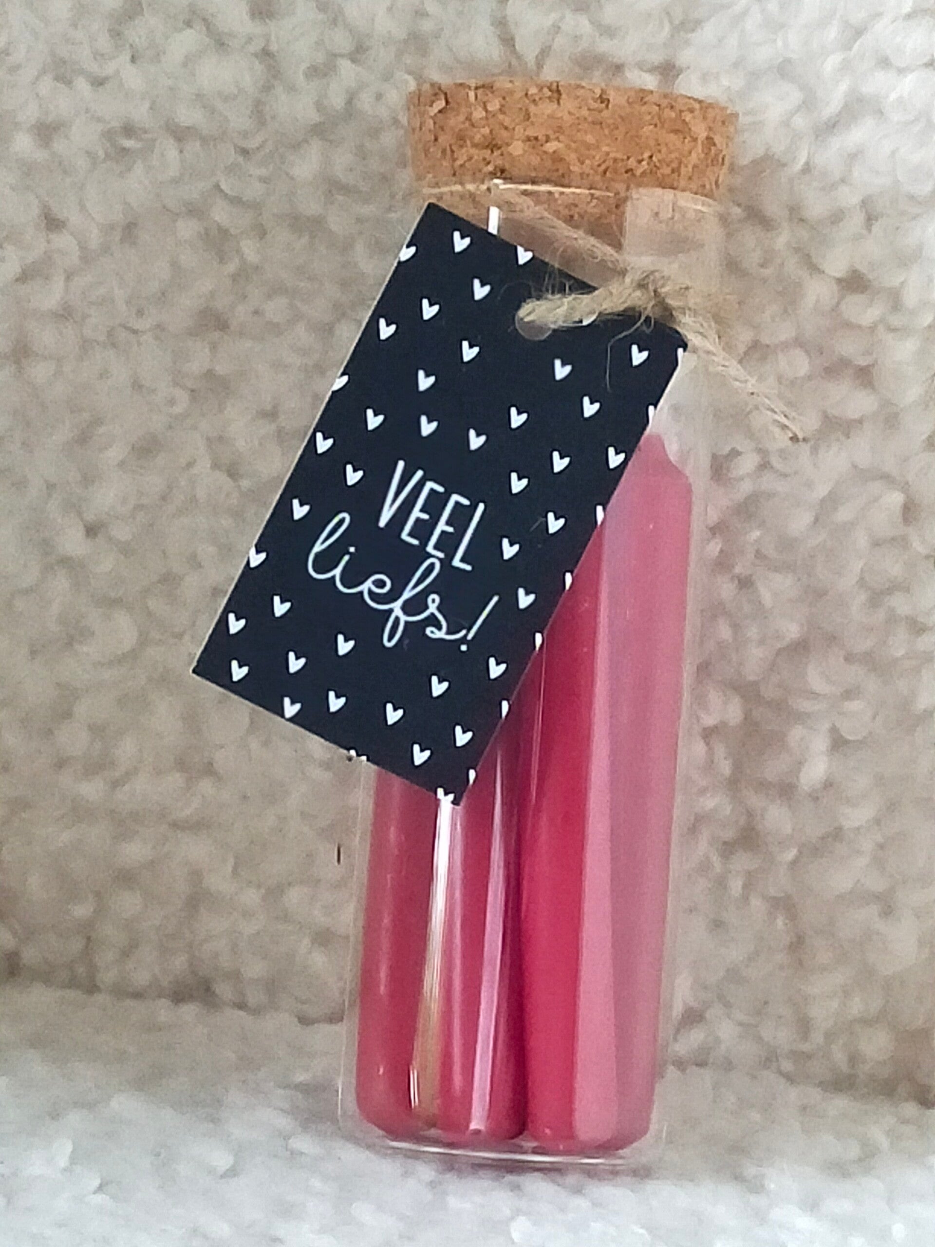 Mini kaarsjes in glazen buis - veel liefs