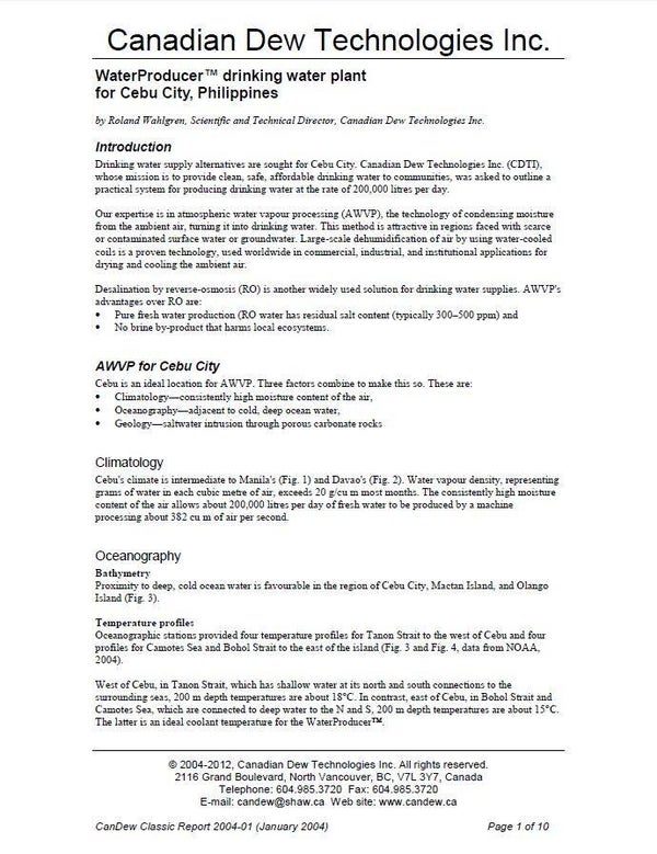Report 2004-01—WaterProducer™ for Cebu City, Philippines