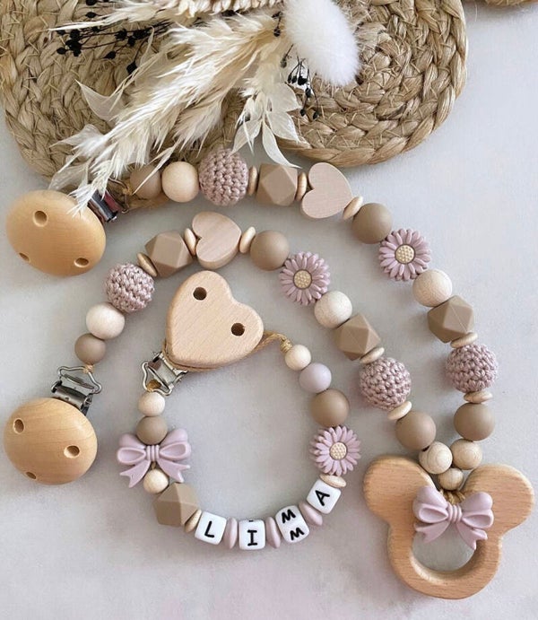 Schnullerkette mit Name personalisiert Mädchen Kinderwagenkette Set Blume Herz