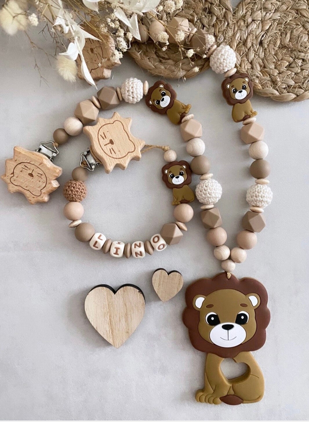 Schnullerkette mit Name Kinderwagenkette personalisiertes Set Junge Löwe Silikon Holz