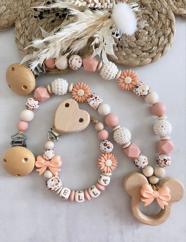 Schnullerkette mit Name Kinderwagenkette Mädchen Set Blumen