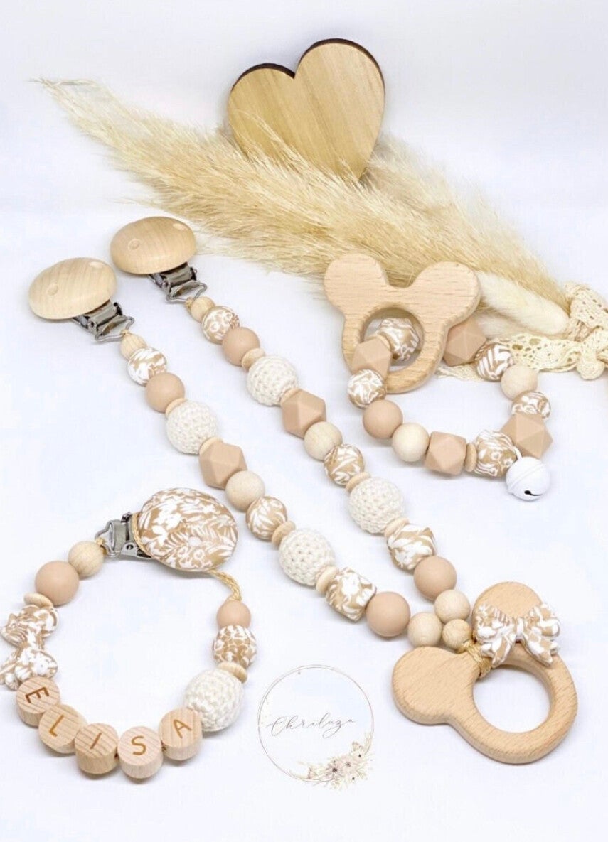 Schnullerkette mit Namen Kinderwagenkette Greifling Mädchen personalisierteres Set Mädchen Creme