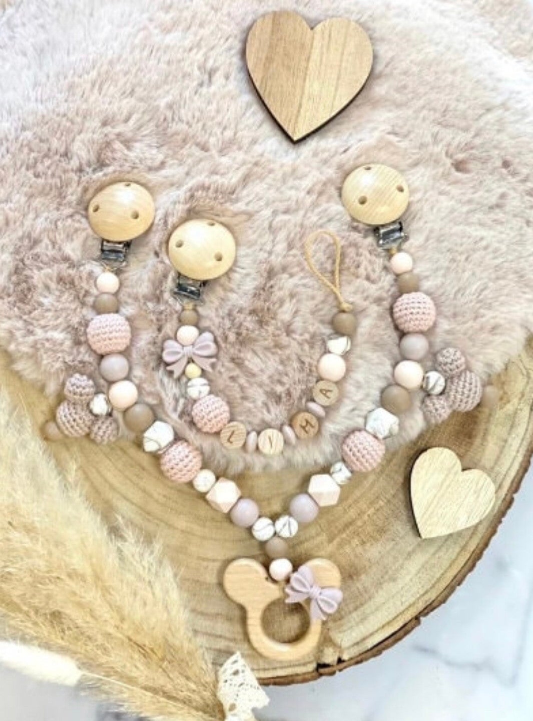 Schnullerkette mit Name Kinderwagenkette Set Maus