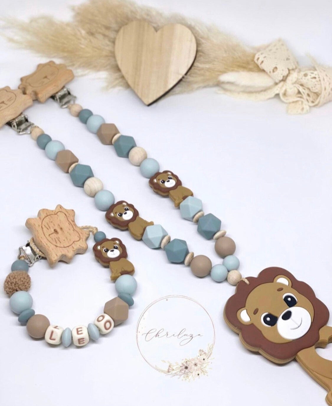 Schnullerkette mit Name Kinderwagenkette personalisiertes Set Junge Löwe