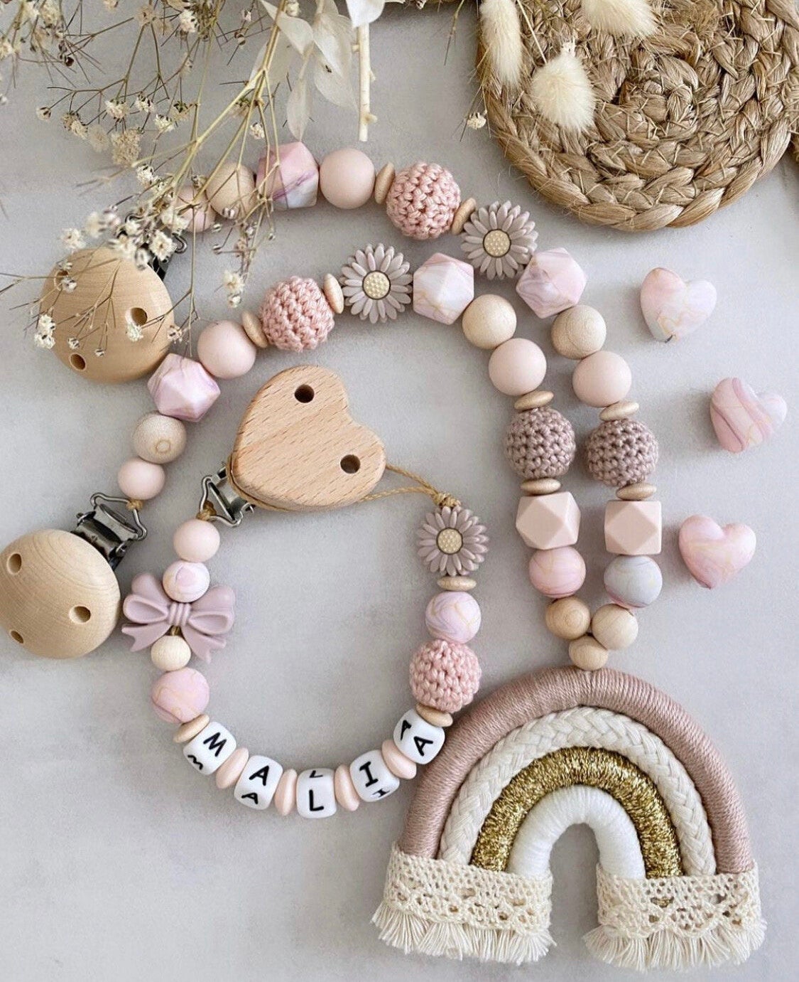 Schnullerkette mit Name Kinderwagenkette Mädchen Set Pastell Regenbogen