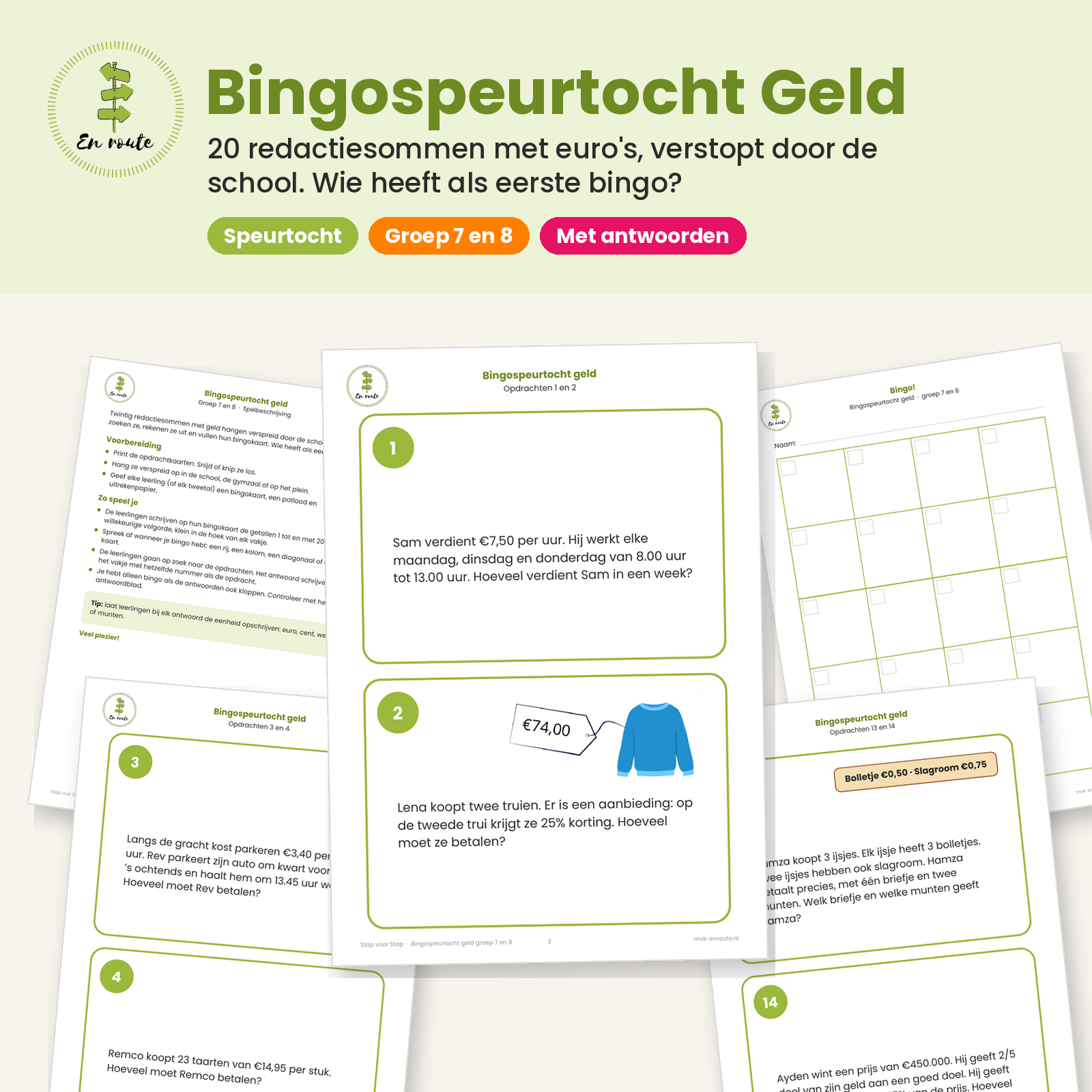 Bingo-speurtocht met redactiesommen over geld, groep 7 en 8