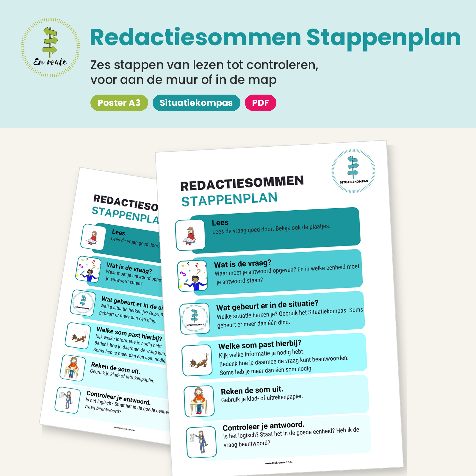 Poster: stappenplan redactiesommen oplossen | situatiegericht, groep 4–8