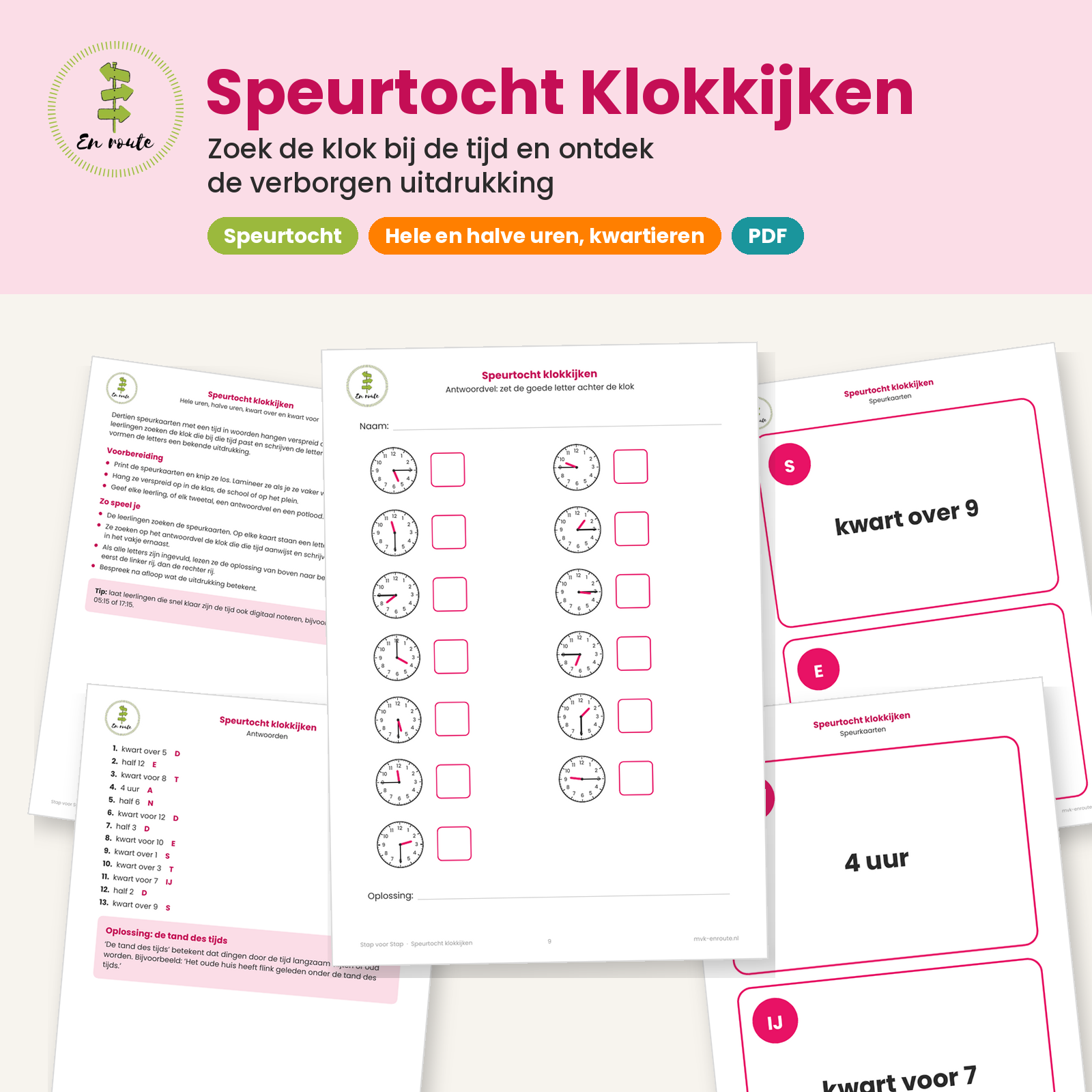 Speurtocht Analoog Klokkijken uren, halve uren en kwartieren