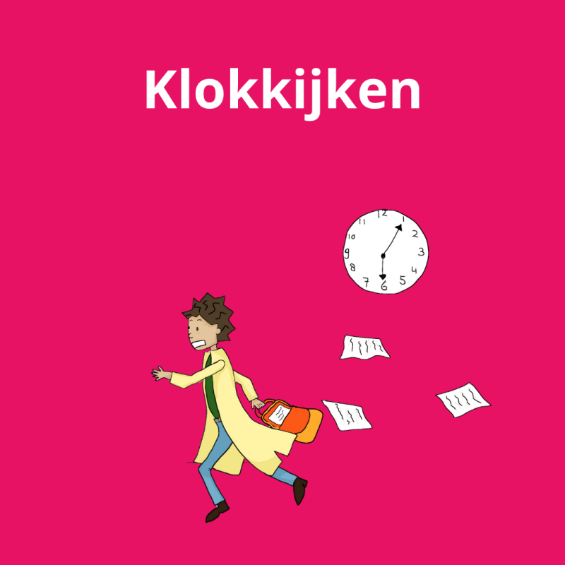 Tegel Klokkijken met klokicoon; link naar uitleg, spelletjes en werkbladen.