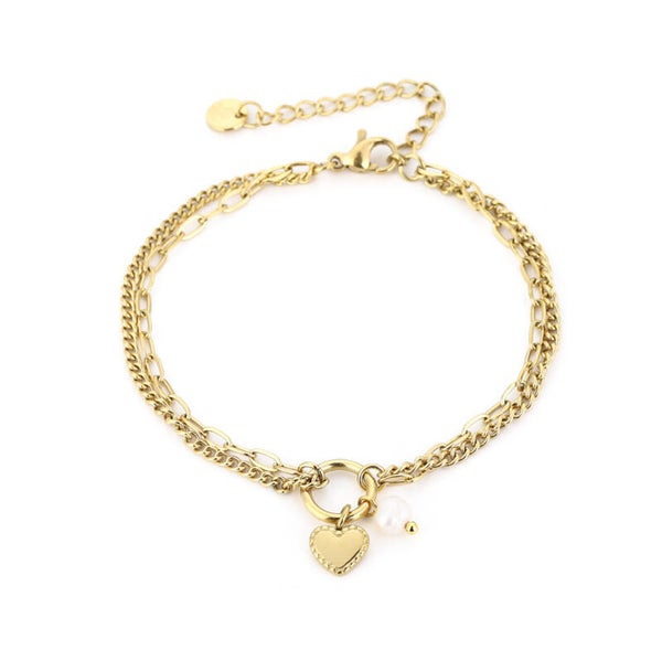 Dubbele armbandje met hartje en parel