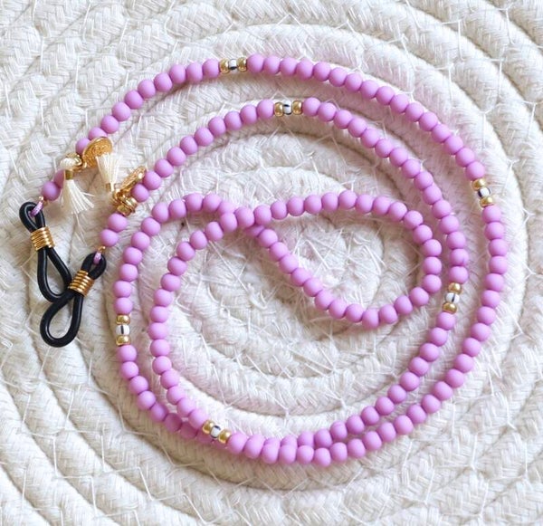 Zonnebril koordje donkerroze kwastjes