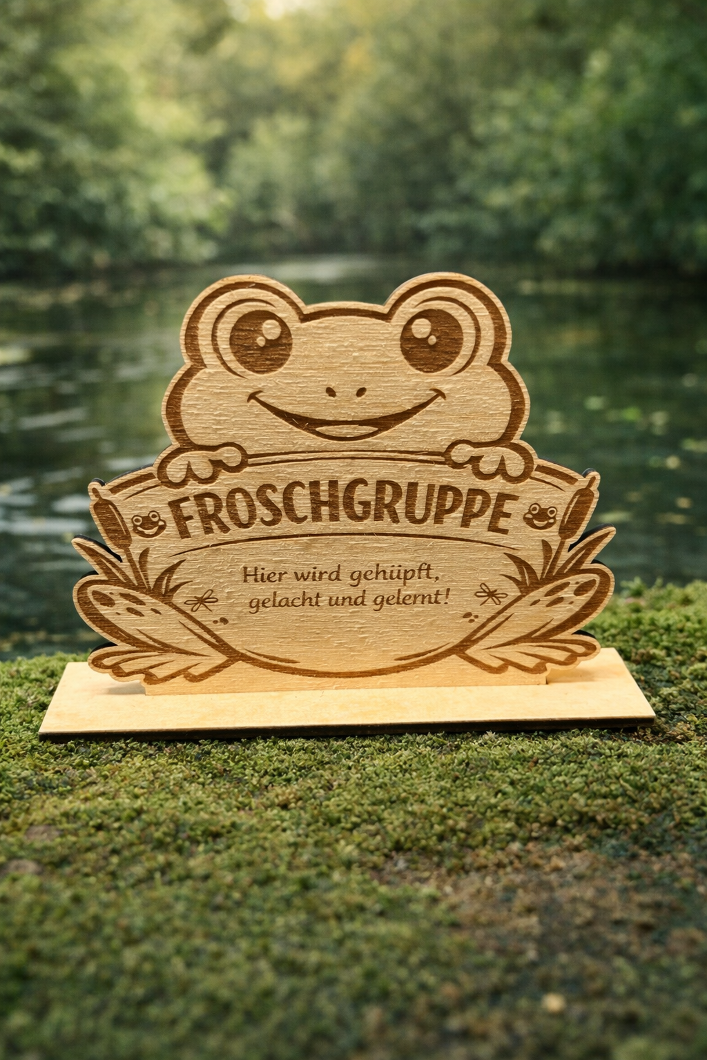 Holzaufsteller mit Frosch-Gravur und Schriftzug "Froschgruppe" für Kita oder Kindergarten