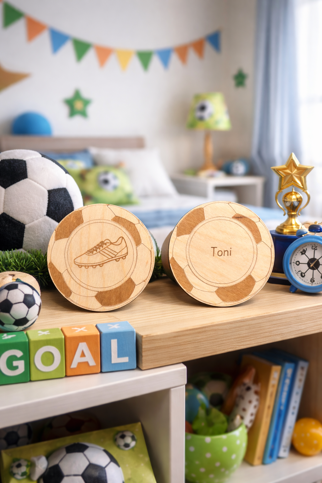 Personalisierte Holzmünzen mit Fußballmotiv und Namen "Toni", dekoriert im Kinderzimmer