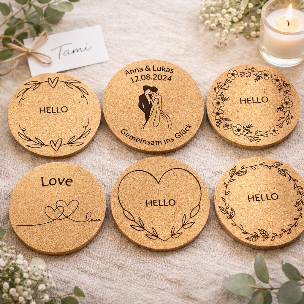 Sechs gravierte Kork-Untersetzer mit Namen "Anna & Lukas", Datum, Herz-Motiven und Sprüchen "Hello" und "Love"